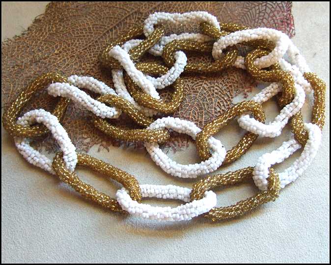 1980s Elegant Gold n White Glass Bead Loops Long Sexy Vintage Necklace