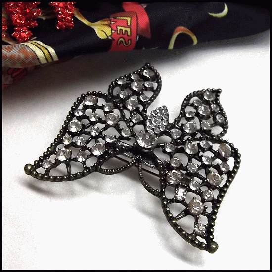 1970s BIG Vintage Butterfly Brooch Black w Crystals Pin or Pendant