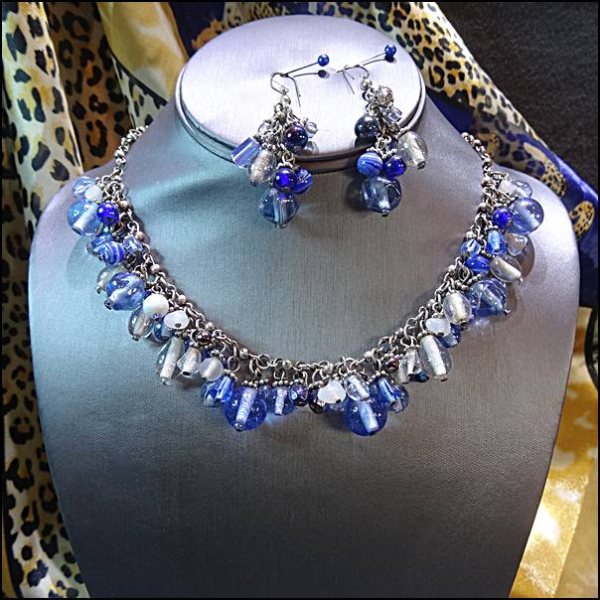 1980s Ocean Blue Beach Glass Vintage Necklace w Earrings Set