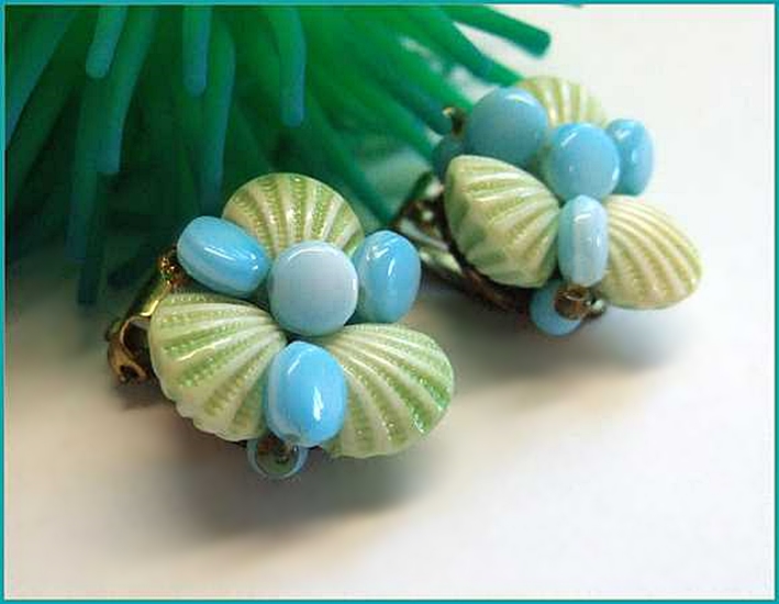 1940s Vintage Earrings Aqua Seashell Glass Signed West Germany