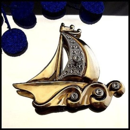 Antique Art Deco Nautical Brooch Gold Sailboat