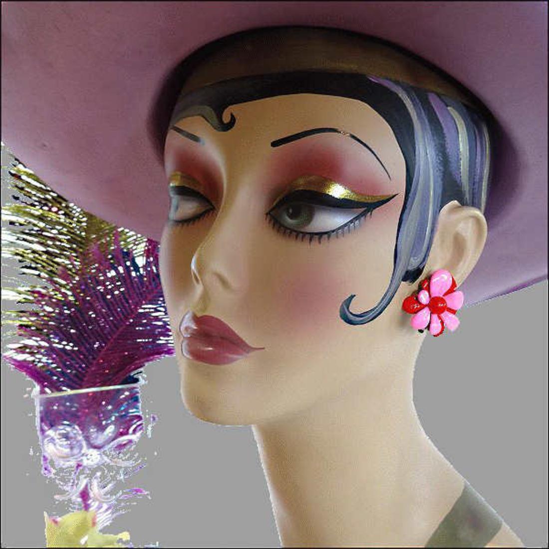 1960s WILD Pink Red Daisy Flower Retro Vintage Earrings