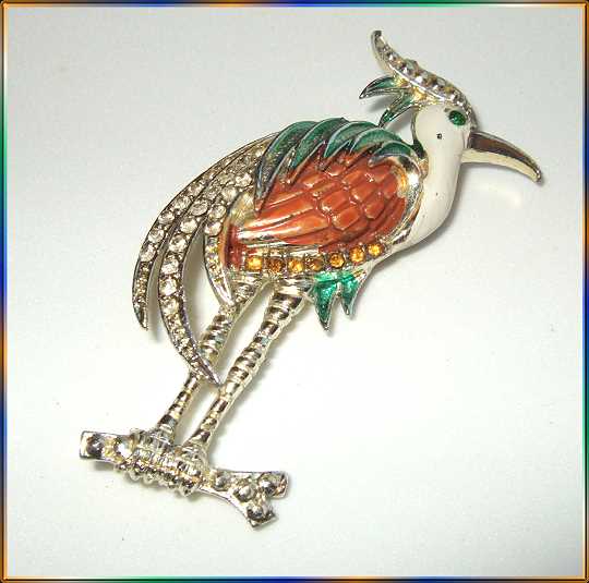 1930s Antique Bird Brooch Book Piece Pot Metal Rhinestone Heron 