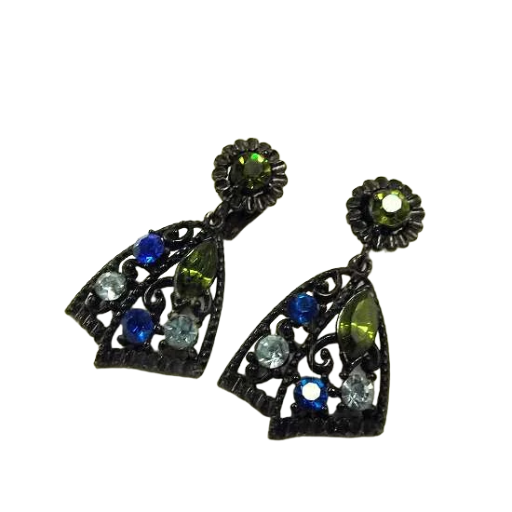1950s Florenza Blue Green Japanned Jewels Vintage Clip Earrings