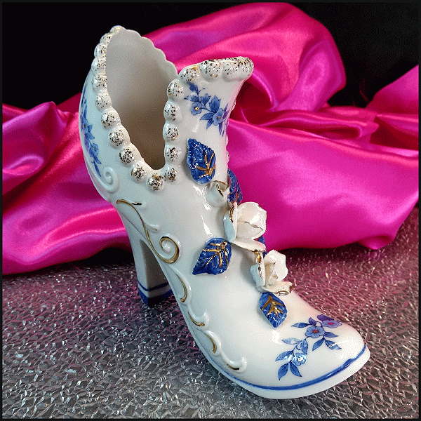 1960s Big Vintage Porcelain Shoe Blue n Gold Flowers