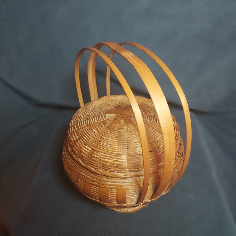 Bamboo Vintage Basket Mid 20th Century Triple Handle Squatty Round 