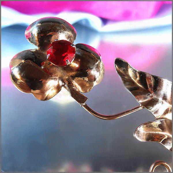 1940s Sterling Silver Flower Pin Ruby Red Glass Vintage Brooch