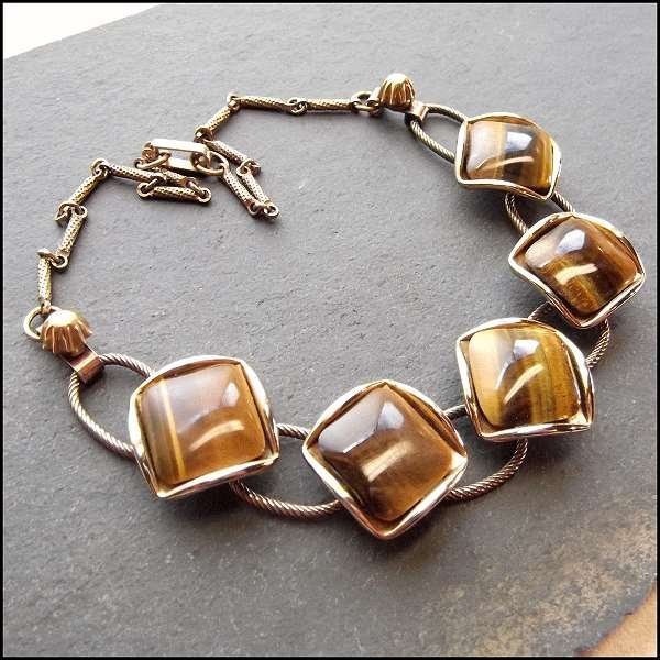 1950s Tigers Eye Gemstone Gold Vintage Necklace