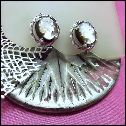 1950s Vintage Cameo Earrings Signed SORRENTO Sterling w Mother of Pearl 