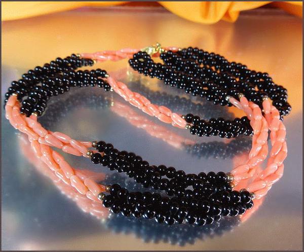 Pink n Black Coral Torsade Necklace 1960s Vintage Jewelry
