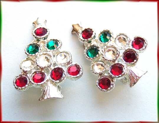 1980s Vintage Christmas Tree Earrings Silver w Red Green Rhinestones 