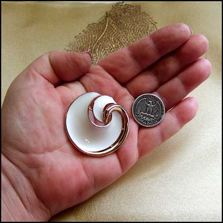 1970s Signed Trifari Gold White Modern Swirl Brooch