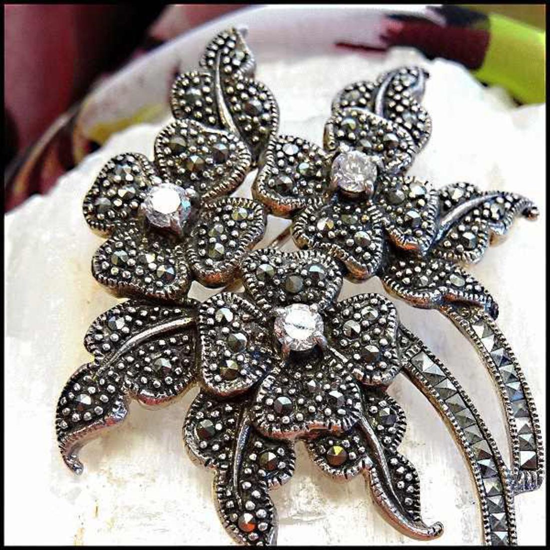 925 Sterling Silver Marcasite Big Vintage Flower Brooch