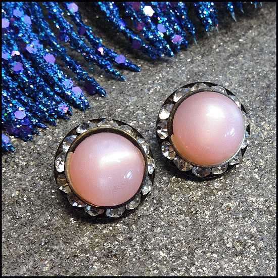 1950s Vintage Earrings Pink Moonstone Buttons w Rhinestone Frames by Coro