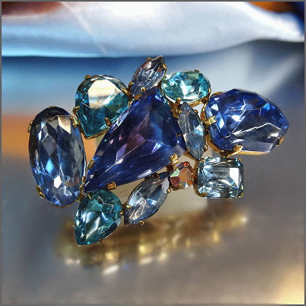 1960s Signed West Germany Blue Aquamarine Glass Retro Modern Brooch