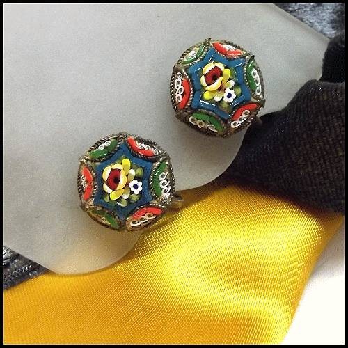 1930s Antique Earrings Italian Glass Mosaic Flowers