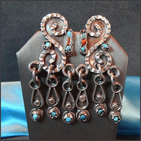 Eccentric Mayan Sterling Silver Turquoise Pierced Earrings