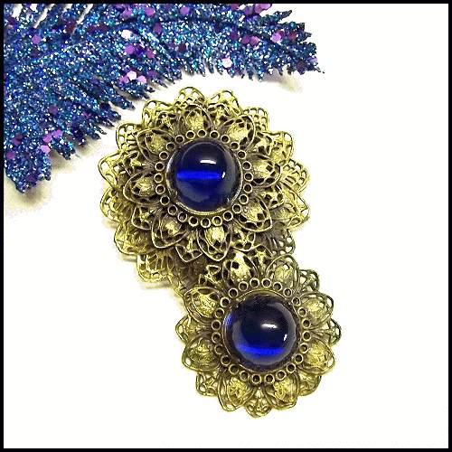Antique Dress Clip European Large Gold Lace Flowers w Sapphire Blue Glass