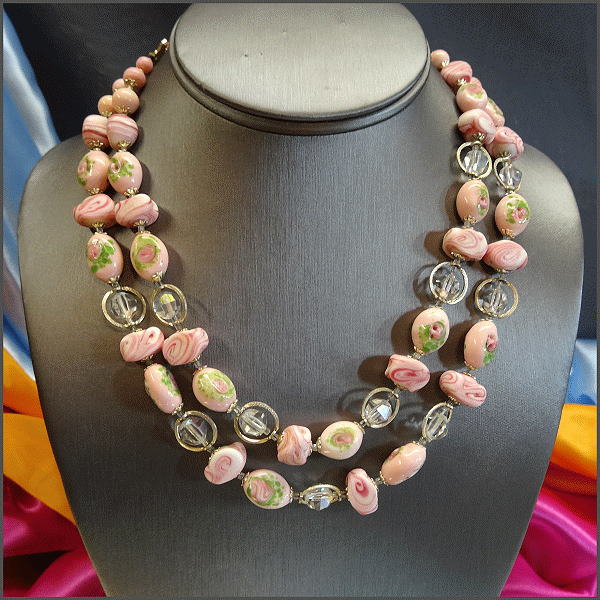 1950s Italian Vintage Glass Necklace Murano Pink Millefiori Roses 