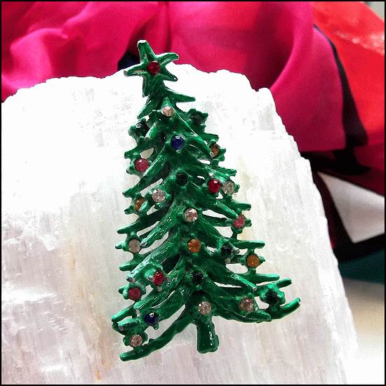 1950s Vintage Christmas Tree Pin Old Design w Rhinestones 