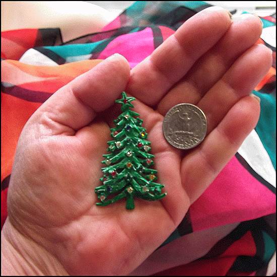 1950s Vintage Christmas Tree Pin Old Design w Rhinestones 