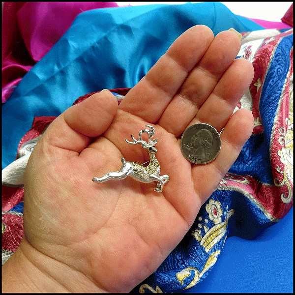 1960s Vintage Christmas Pin Silver Deer w Rhinestones