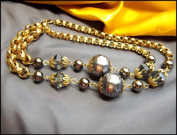 Grey Pearl Long Vintage Necklace Big Gold Book Chain