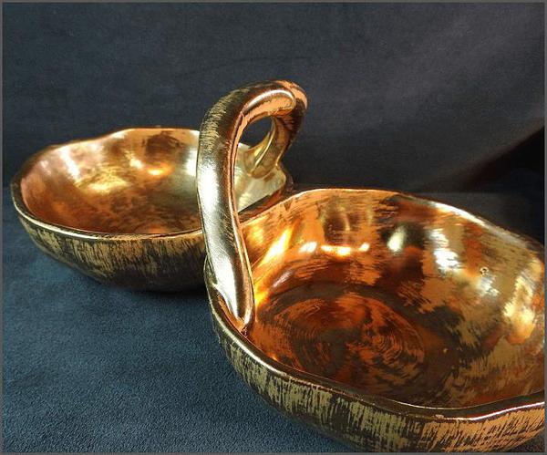 1960s Signed Stangl 22kt Vintage Gold Double Dish w Handle