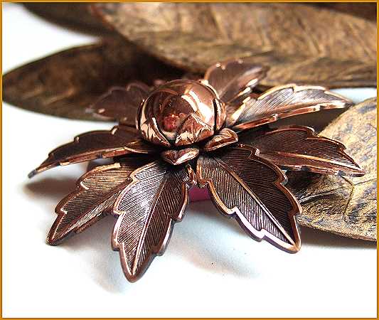 1950s Vintage Copper Brooch Big Retro Flower Signed Bell 