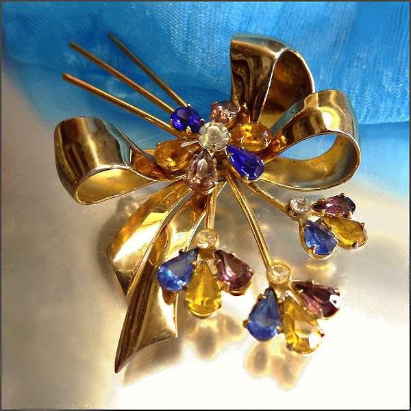 1950s Vintage Sterling Brooch Coro Pegasus Gold Vermeil Crystal Flower 