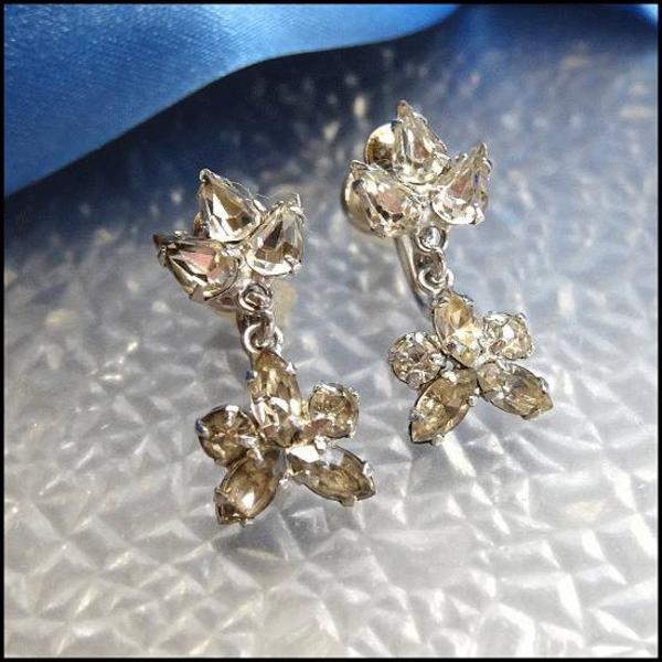 1950s Crystal Sterling Silver Petite Flower Dangle Vintage Earrings