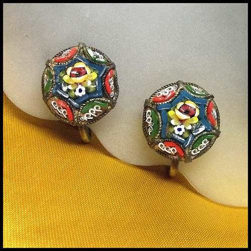 1930s Antique Earrings Italian Glass Mosaic Flowers