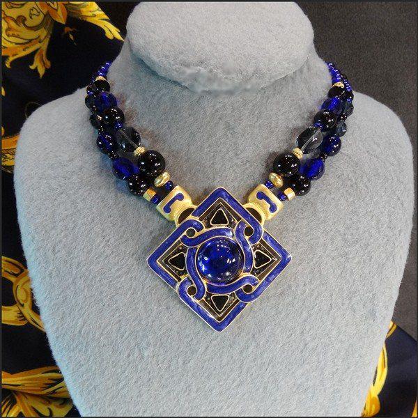 1990s Designer Signed Celtic Cloisonne Blue Glass Gold Necklace