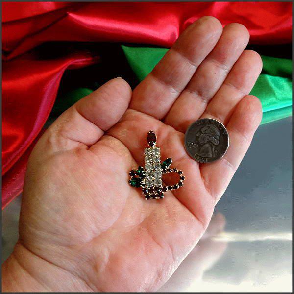 1960s Vintage Christmas Pin Holiday Candle w Red n Green Crystals 