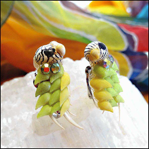 1960s Vintage Bird Earrings RARE Parakeet Seashell Clips