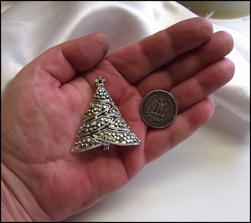 1960s Vintage Silver Rhinestone Christmas Tree Pin Signed JJ 