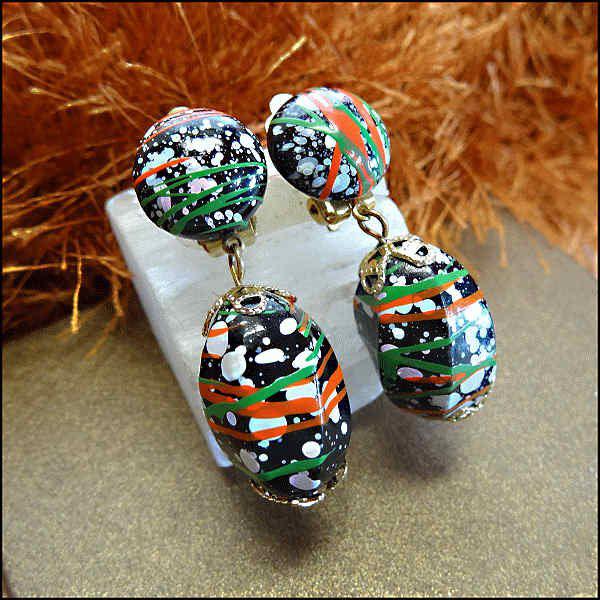 1960s Vintage Pierced Earrings Wild Splatter Art Dangles