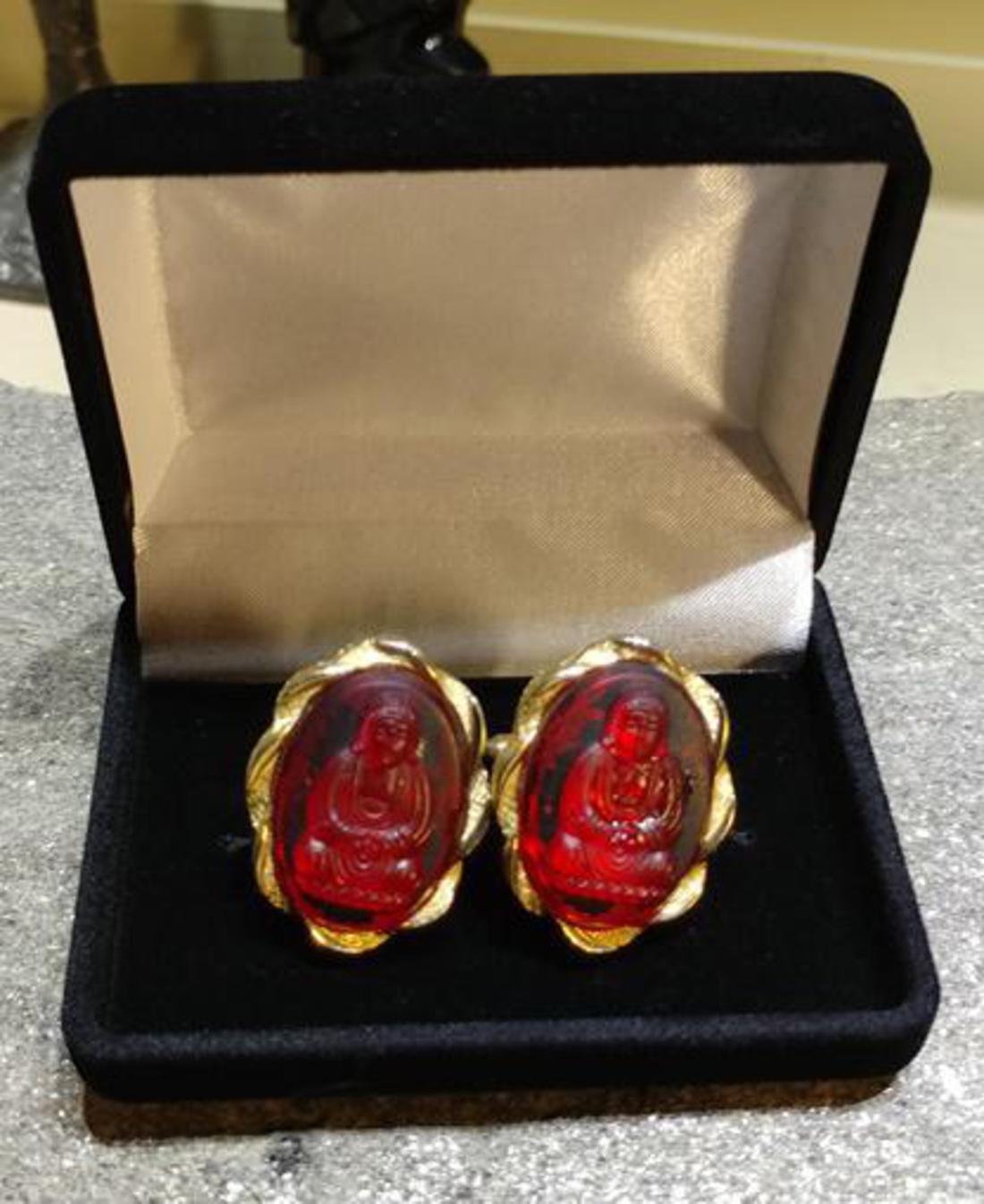 1960s Signed Swank Ruby Glass Large Buddha Vintage Cufflinks