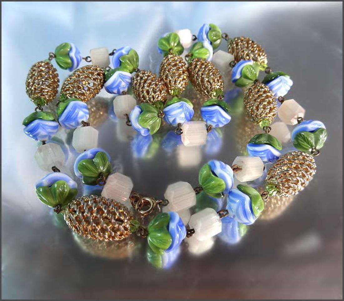 1950s Signed Hattie Carnegie Necklace New Gablonz Glass Flowers