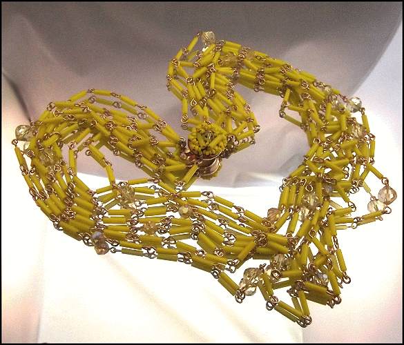 1950s Lemon Lime Glass w Crystals Vintage Torsade Necklace