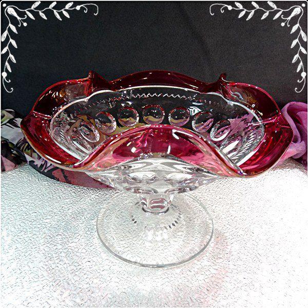 Kings Crown Large Vintage Candy Dish Fluted Cranberry Glass