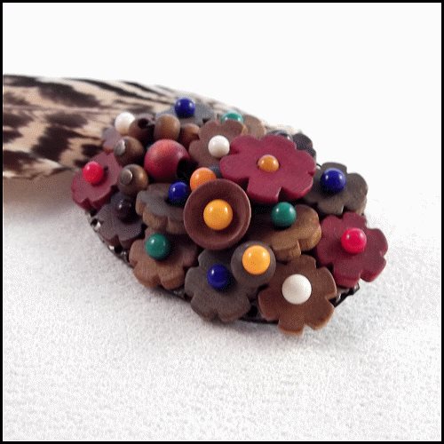 1930s Antique Flower Brooch Handmade Wood Beads Signed Czechoslovakia 