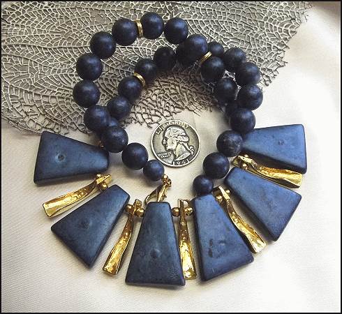 1970s Egyptian Revival Metallic Blue Wood Vintage Panel Necklace