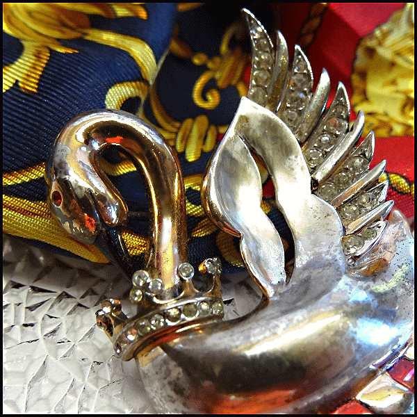 1940s Rare Sterling Gold Swan Brooch Signed REJA