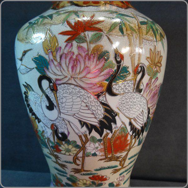 Oriental Large Kutani Style Porcelain Vase Cranes Mums Bamboo