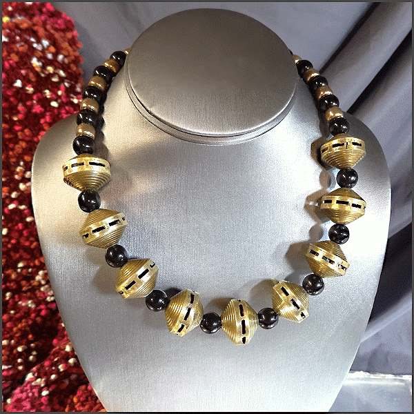 1960s Moroccan Brass n Black Glass Beads Vintage Ethnic Necklace
