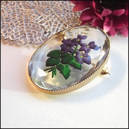 1940s Purple Violet Flower Intaglio Crystal Vintage Brooch
