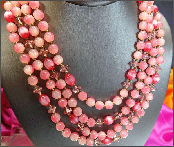 1960s Vintage LISNER Necklace 4 Strands Pink Moonstones w Crystals