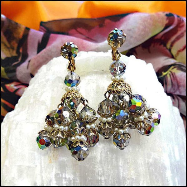 1950s Hattie Carnegie Chandelier Earrings Silver Crystals