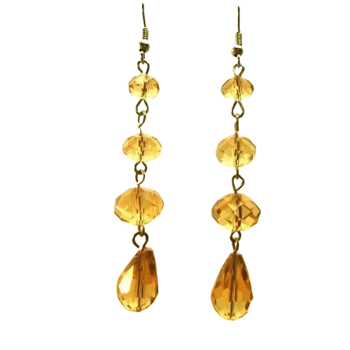 Gold Citrine Crystal Long Dangle Pierced Earrings